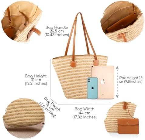 Straw Bag for Women - Summer Beach Tote Bags - Handmade Zipper Straw Shoulder Bag with Removable Pouch - Image 3