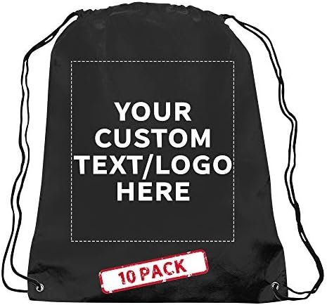 DISCOUNT PROMOS Custom Non-Woven Drawstring Backpacks Set of 10, Personalized Bulk Pack - Bring Everywhere You Go, Great for Travelling, Gym and for Everyday Use - Black