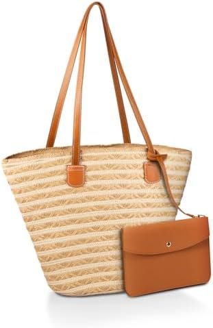 Straw Bag for Women - Summer Beach Tote Bags - Handmade Zipper Straw Shoulder Bag with Removable Pouch - Image 2