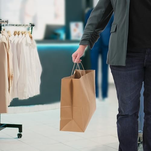 SSWBasics Brown Kraft Paper Grocery Shopping Bag - Large (16”L x 6”D x 12 ½”H) - Case of 100 - Sturdy 80# (120 GSM) Paper Weight - 100% Recyclable Gift Bags with Paper Handle and Gusseted Bottom - Image 8
