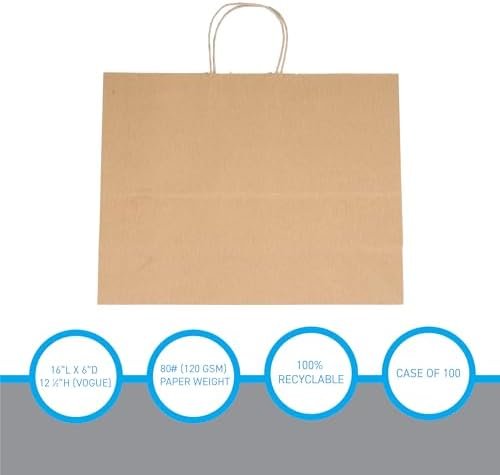 SSWBasics Brown Kraft Paper Grocery Shopping Bag - Large (16”L x 6”D x 12 ½”H) - Case of 100 - Sturdy 80# (120 GSM) Paper Weight - 100% Recyclable Gift Bags with Paper Handle and Gusseted Bottom - Image 6