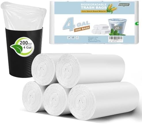 Small Trash Bags Bathroom Garbage Bags 4 Gallon, Inwaysin 15-20 Liter White Mini Trash Bags, Office Waste Basket Liners Compostable Plant Based Bin Bags, 200 Count