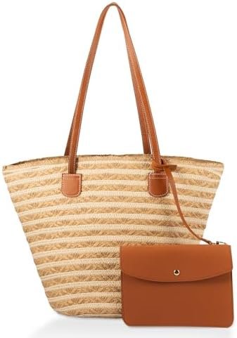 Straw Bag for Women - Summer Beach Tote Bags - Handmade Zipper Straw Shoulder Bag with Removable Pouch
