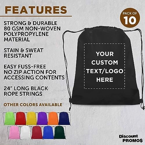 DISCOUNT PROMOS Custom Non-Woven Drawstring Backpacks Set of 10, Personalized Bulk Pack - Bring Everywhere You Go, Great for Travelling, Gym and for Everyday Use - Black - Image 2