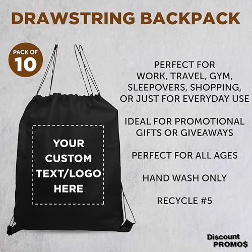 DISCOUNT PROMOS Custom Non-Woven Drawstring Backpacks Set of 10, Personalized Bulk Pack - Bring Everywhere You Go, Great for Travelling, Gym and for Everyday Use - Black - Image 3