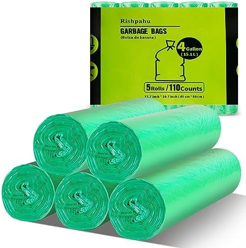 Small Trash Bags 4 Gallon, Flexible & Durable Small Garbage Bags, Scent Free & Easy Tearing 4 Gallon Trash Bag for Kitchen, Bathroom, Bedroom, Office, Green, 110Counts, 0.3Mil