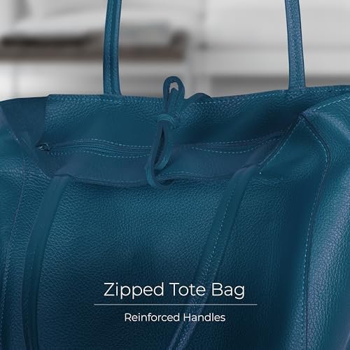 TAKEASY Large Leather Tote Bag for Women with Zipper - Genuine Soft Italian Leather Handbags for Shopping, Work, Travel - Image 3