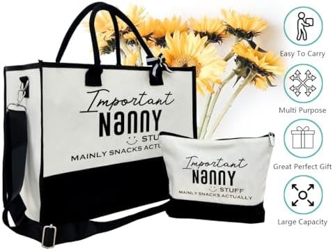 SUSZDOU Important Nanny Bag, Nanny Stuff Tote Bag, Canvas Beach Bag, Canvas Tote Bag for Women, Cotton Canvas Bag Gift for Nanny, Mother's Day Gift for Her Grandma Nanny, Funny Gifts for Nanny - Image 4